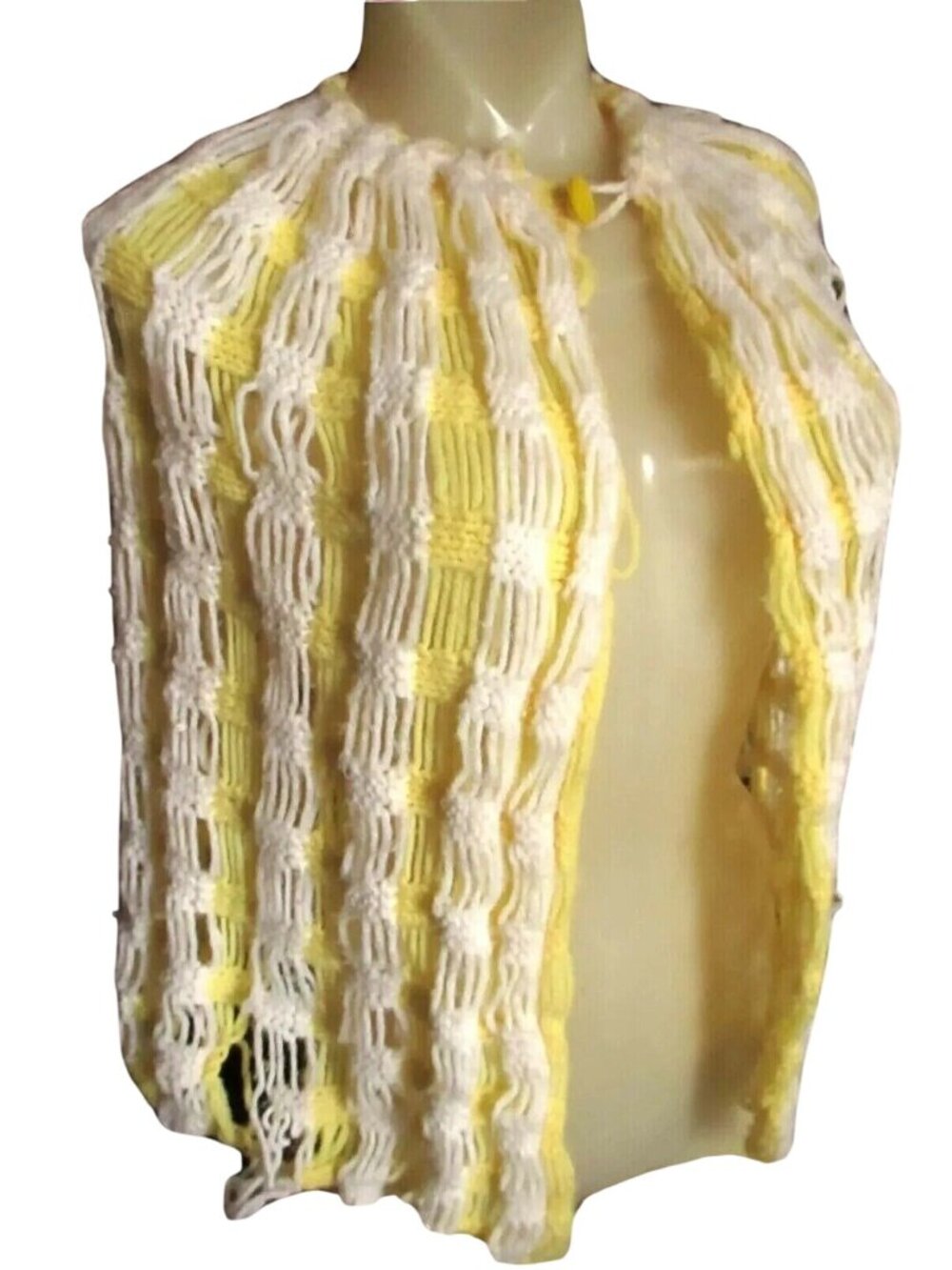 True Vintage Cape Sweater Small 1970s Womens Yellow Net Knit Handmade USA Go-Go